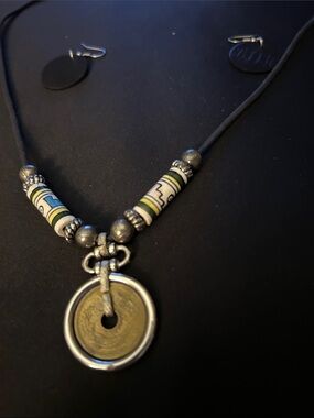 Boho Coin Pendant Necklace in Black and Gold with Mat Ching Leather Earrings Set